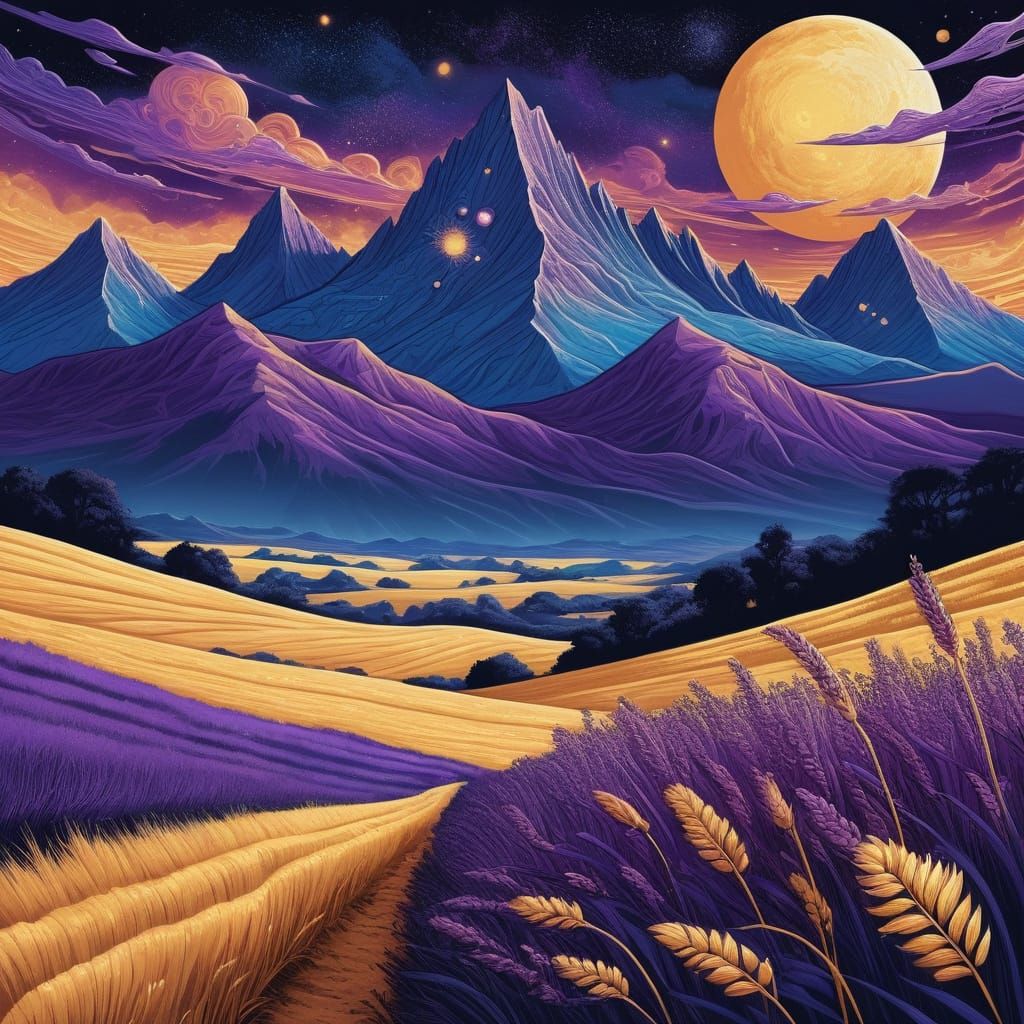 Cosmic Mountains Above Golden Fields, Digital Painting