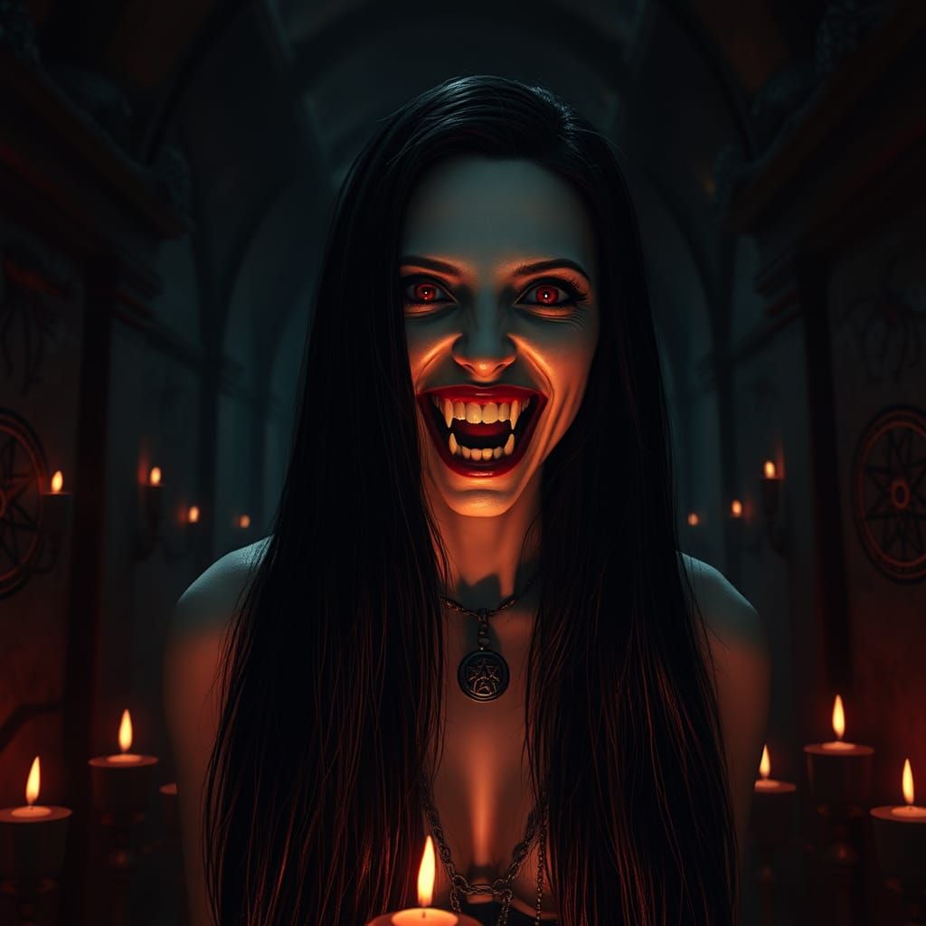 Vampire Woman in Gothic Crypt, Photorealistic Dark Fantasy