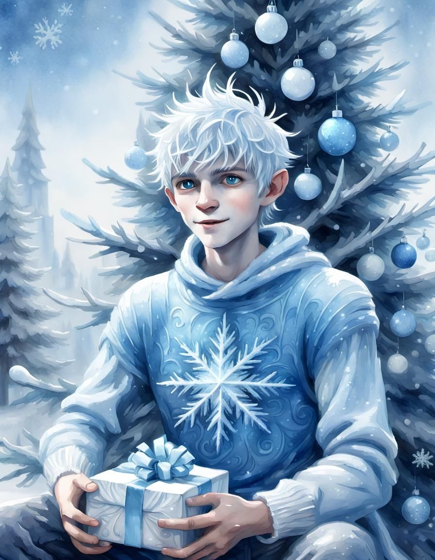 Jack Frost Opening a Christmas Present: Digital Art