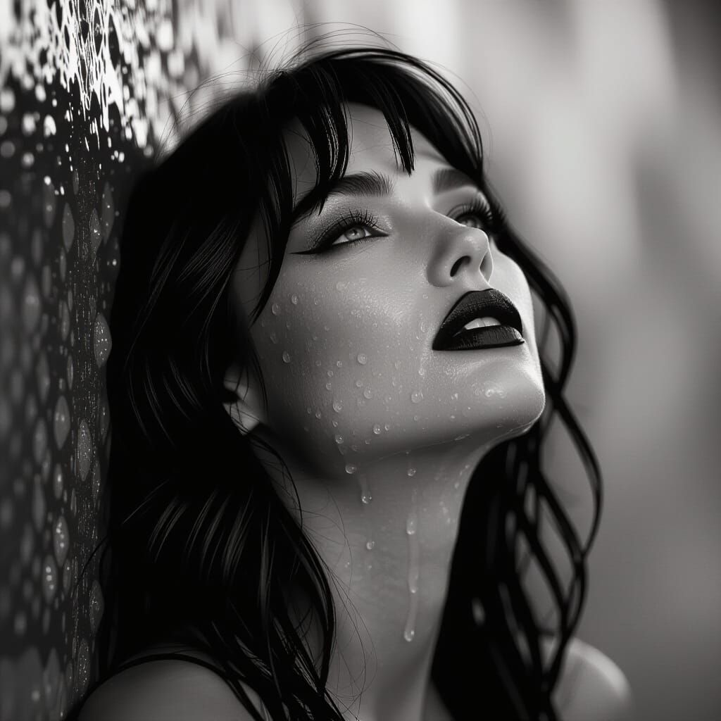 A captivating monochromatic portrait of a woman with dark ha...