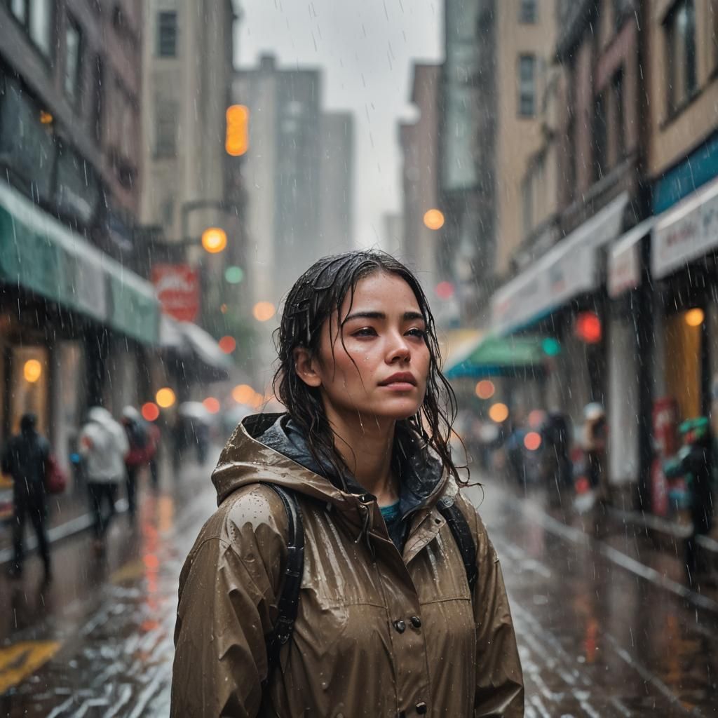 Girl in Rain: Serene Contemplation in Matte Painting Style