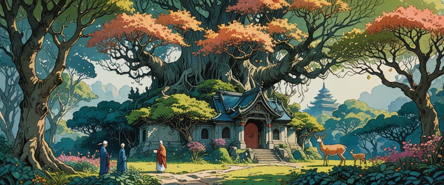 Forest Temple Complex in Watercolor Comic Style