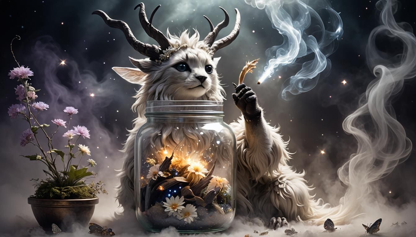 Magical Fog Jar with Galaxy Creature in Dream