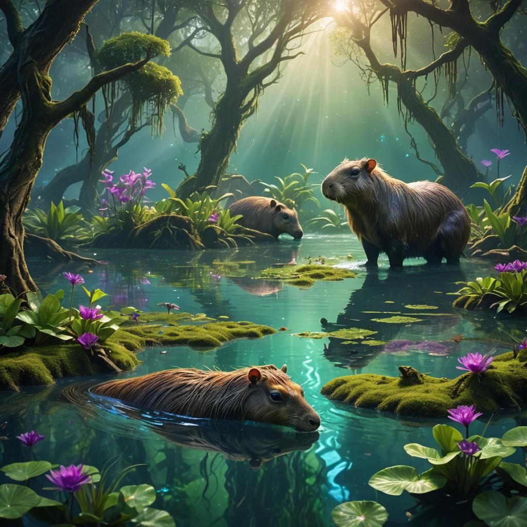 Capybaras in Emerald and Sapphire Fantasy Water