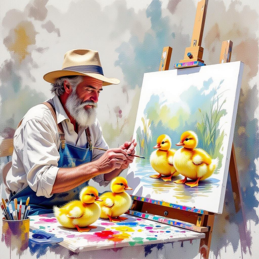 Ducklings Painted in Expressive Watercolor Style