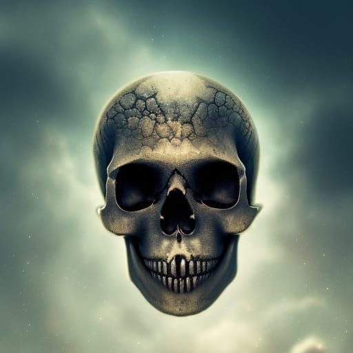 Metal Skull Floating in Space Clouds