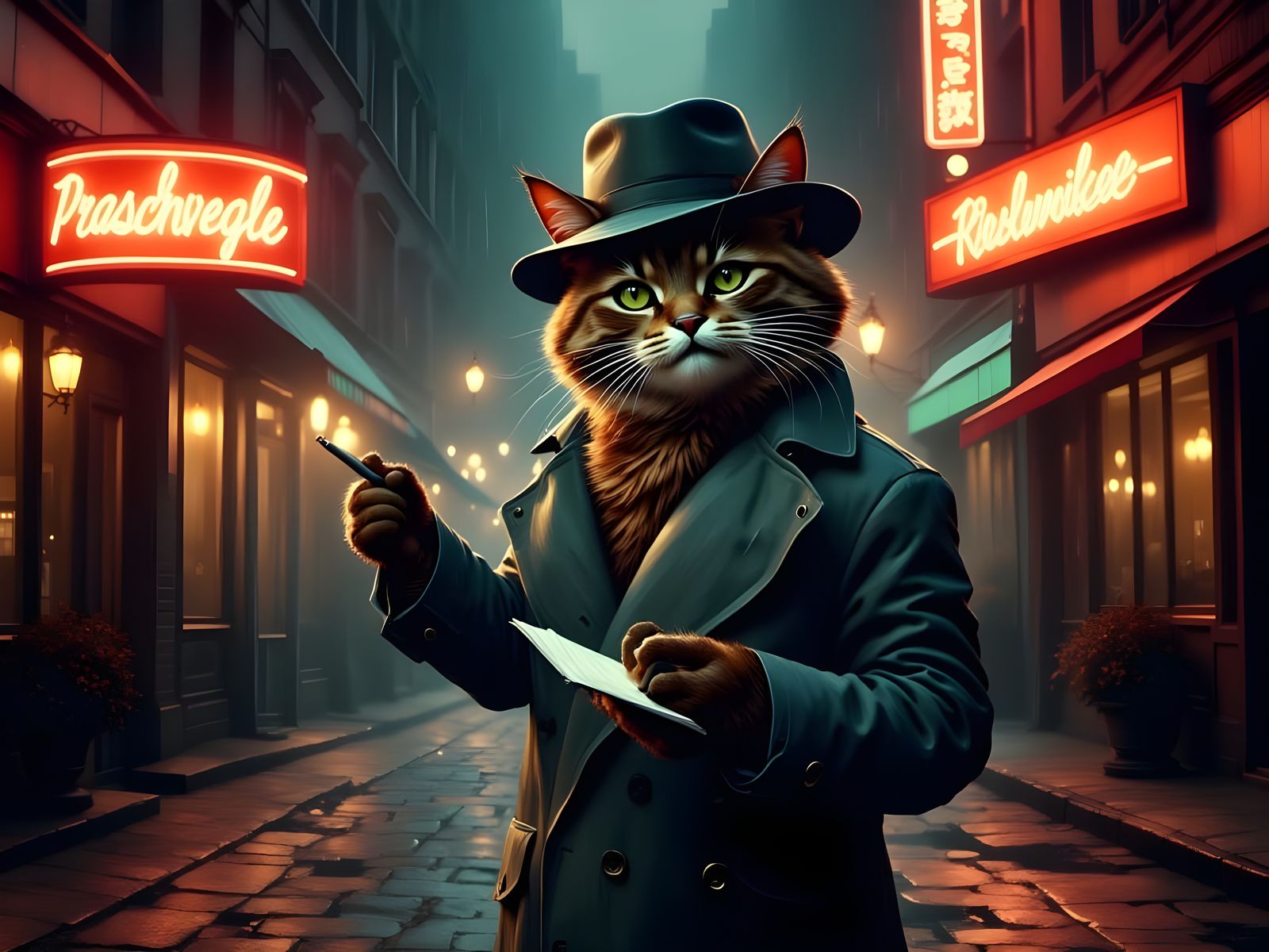 Film Noir Cat Journalist in Gritty Cityscape