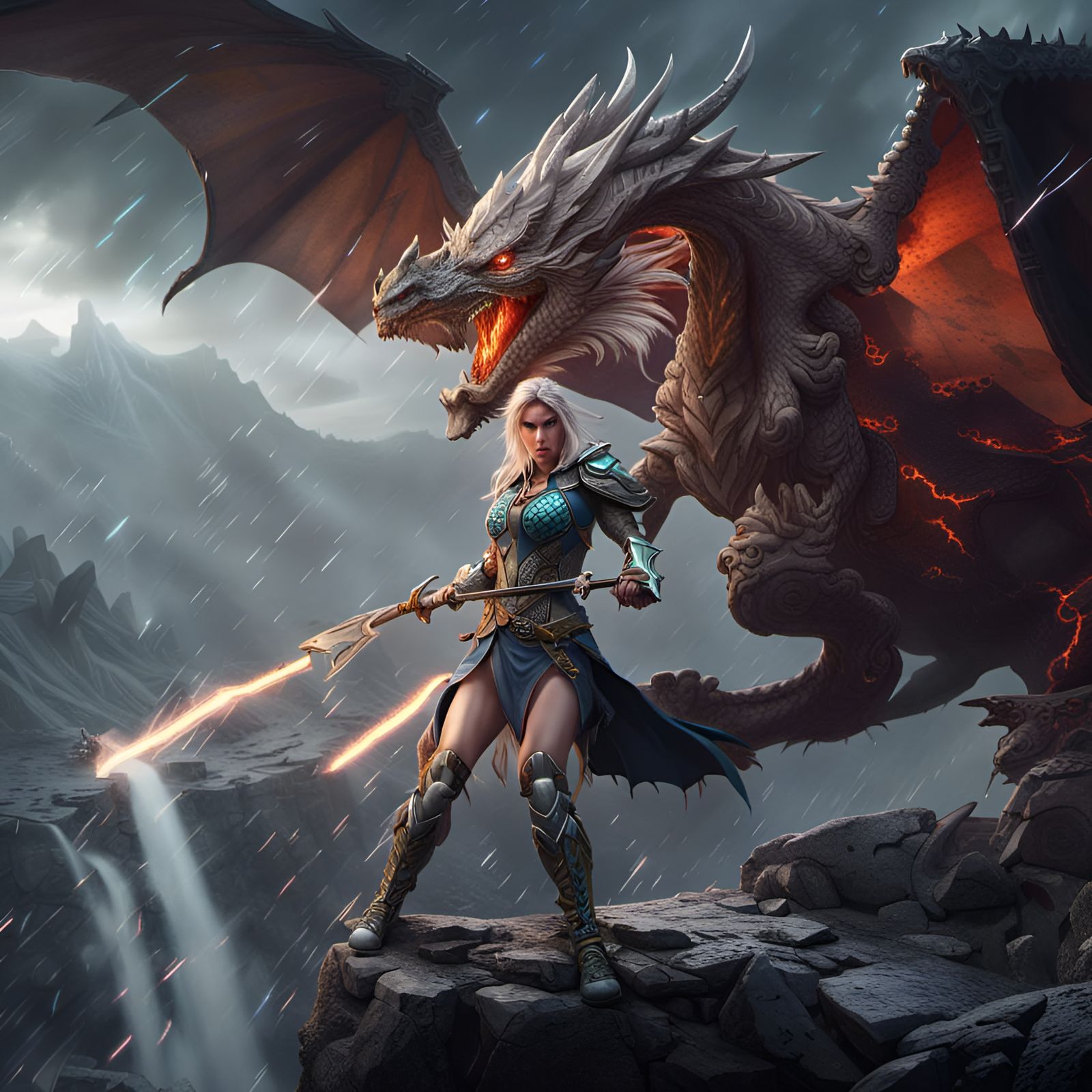 Elf Warrior and Lightning Dragon Battle on Mountain