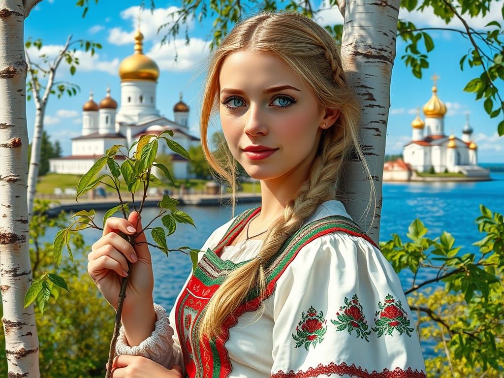Woman in Russian Dress by Birch Tree