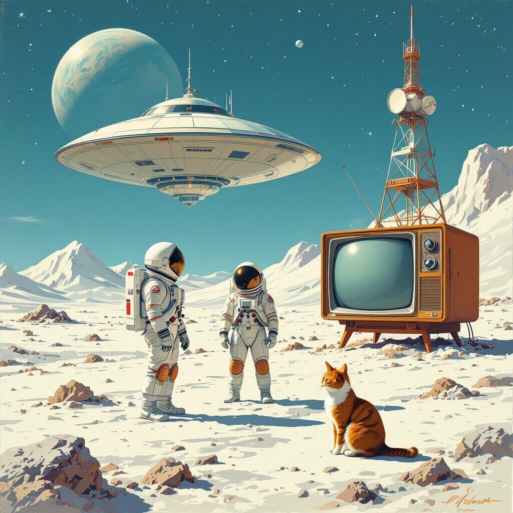 Retro-Futuristic Moon Broadcast Station with Astronaut