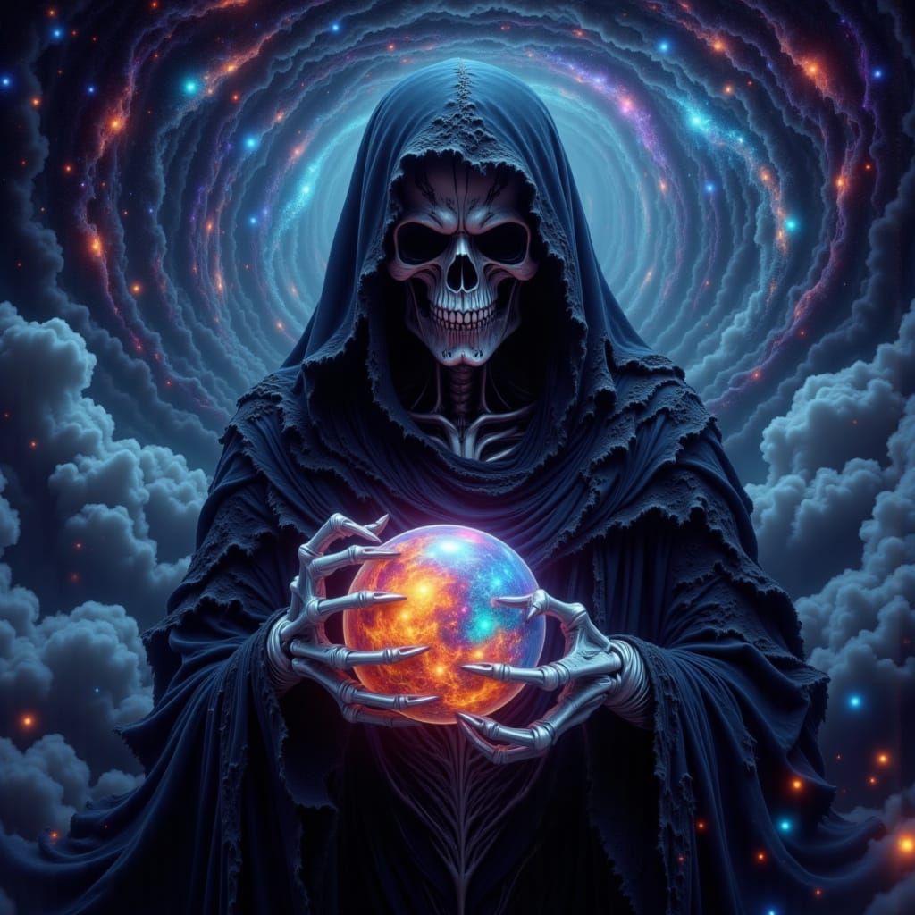 Cosmic Reaper Embraces Vibrant Planet in Surreal Dreamlike L...