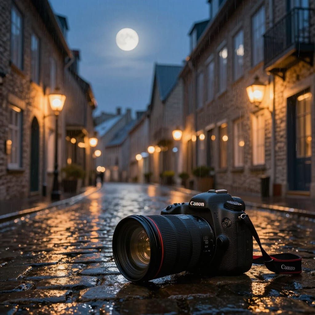 Rainy Night in Old Quebec with Glowing Lanterns