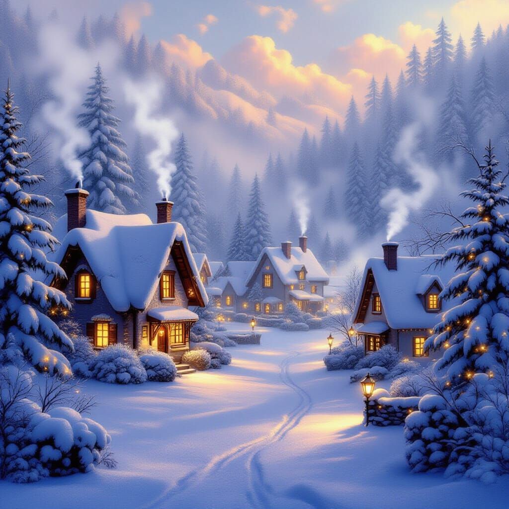 Magical Christmas Village in Golden Hour Mist
