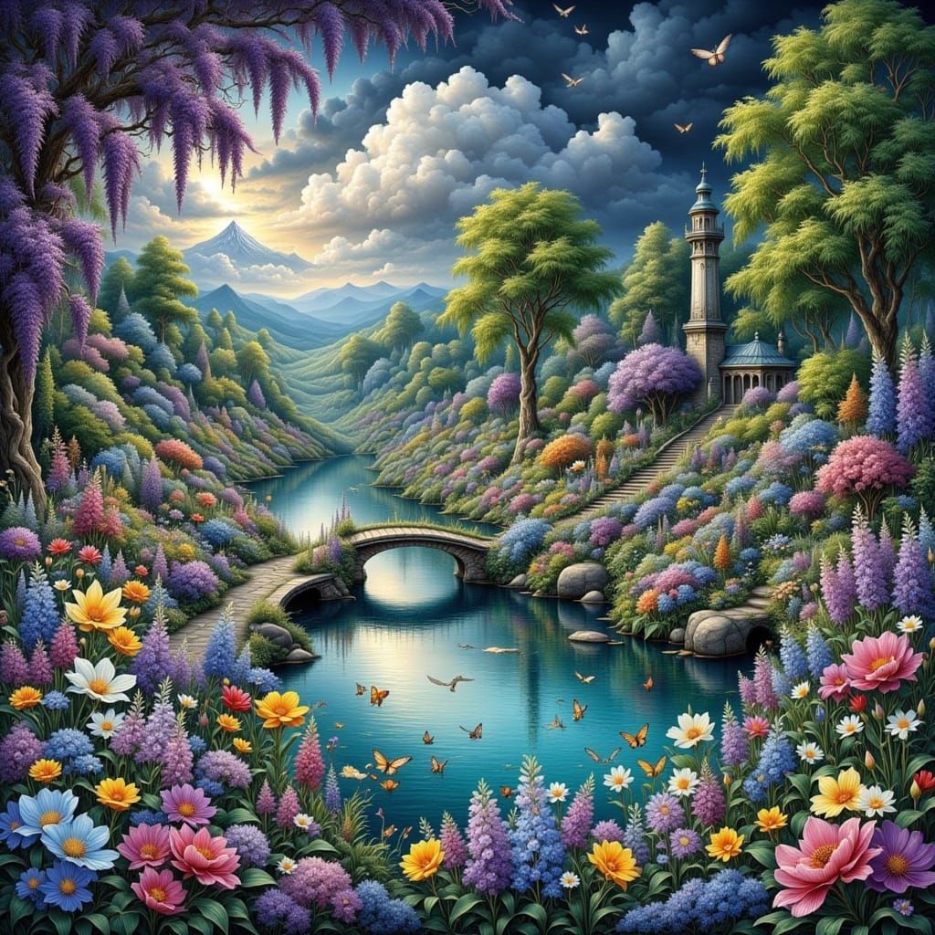 Ethereal Night Garden with Lavender Stormy Skies