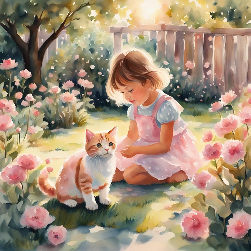 Girl and Pink Cat in Sunlit Garden Watercolor