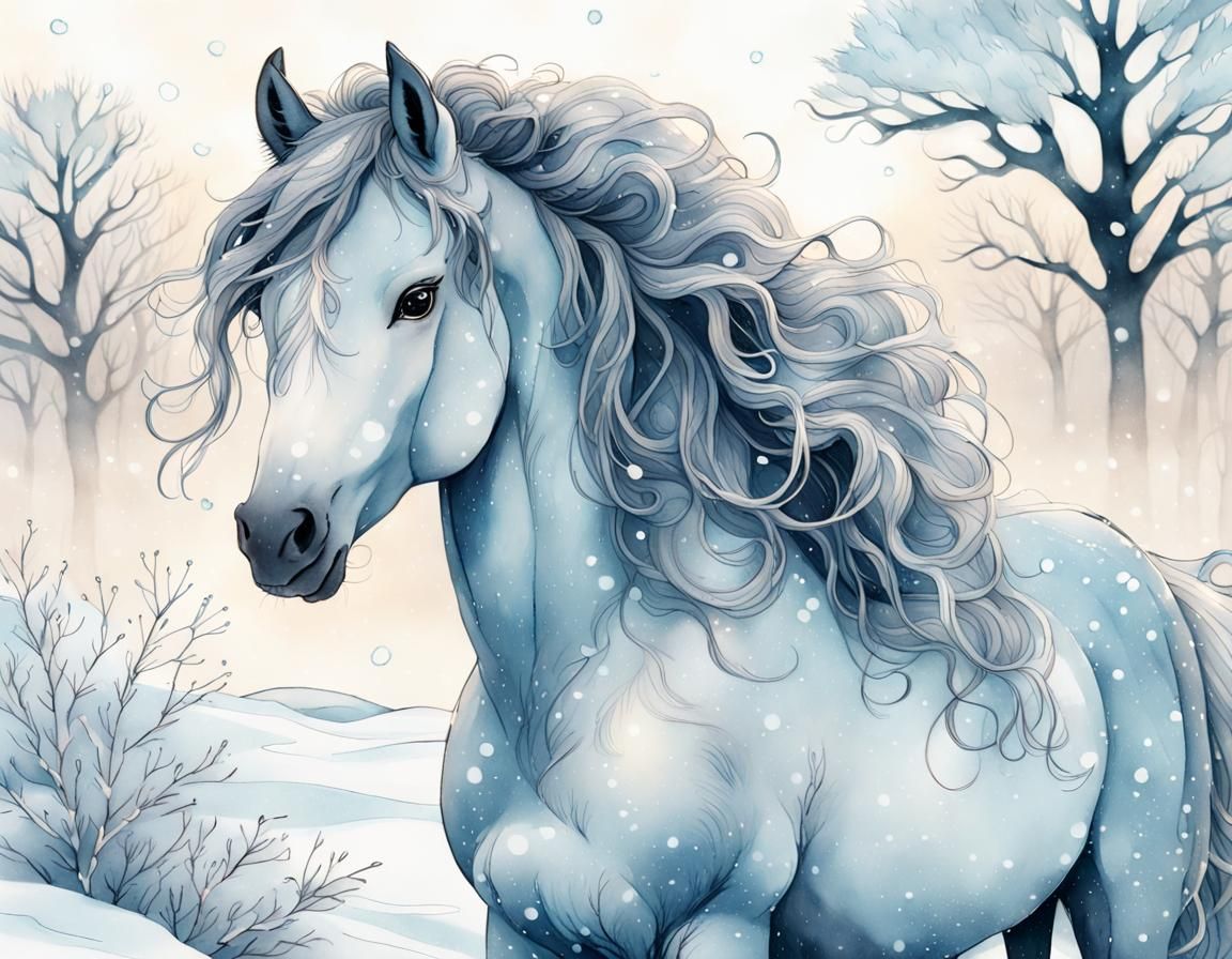 Ink Illustration of a Long-Haired Pony in Snow