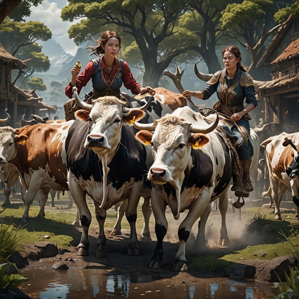 Woman Drinking from Cow Amidst Whimsical Fantasy Scene