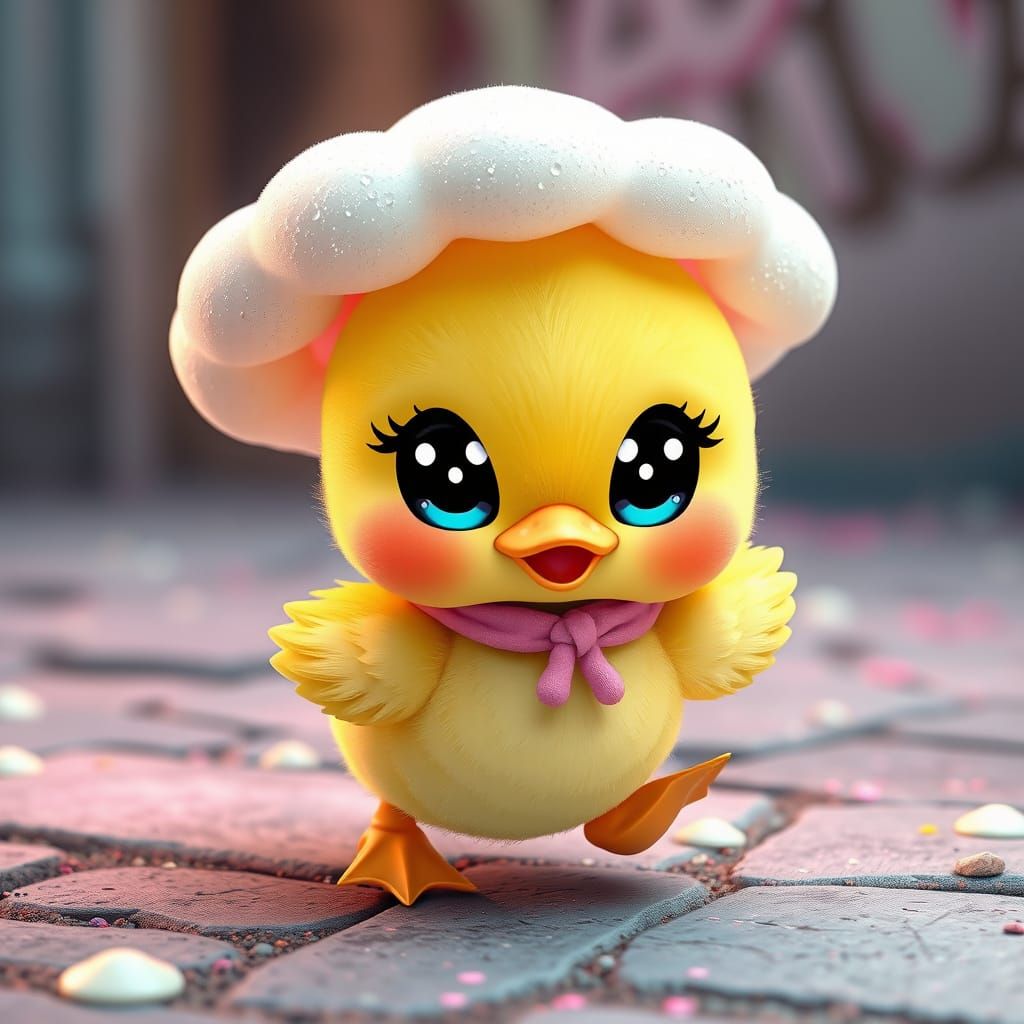 Cute Chibi Duckling Dancing Under Clouds