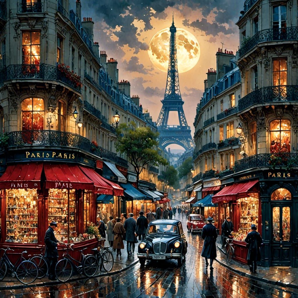 Paris at Midnight in Wet Watercolor Style