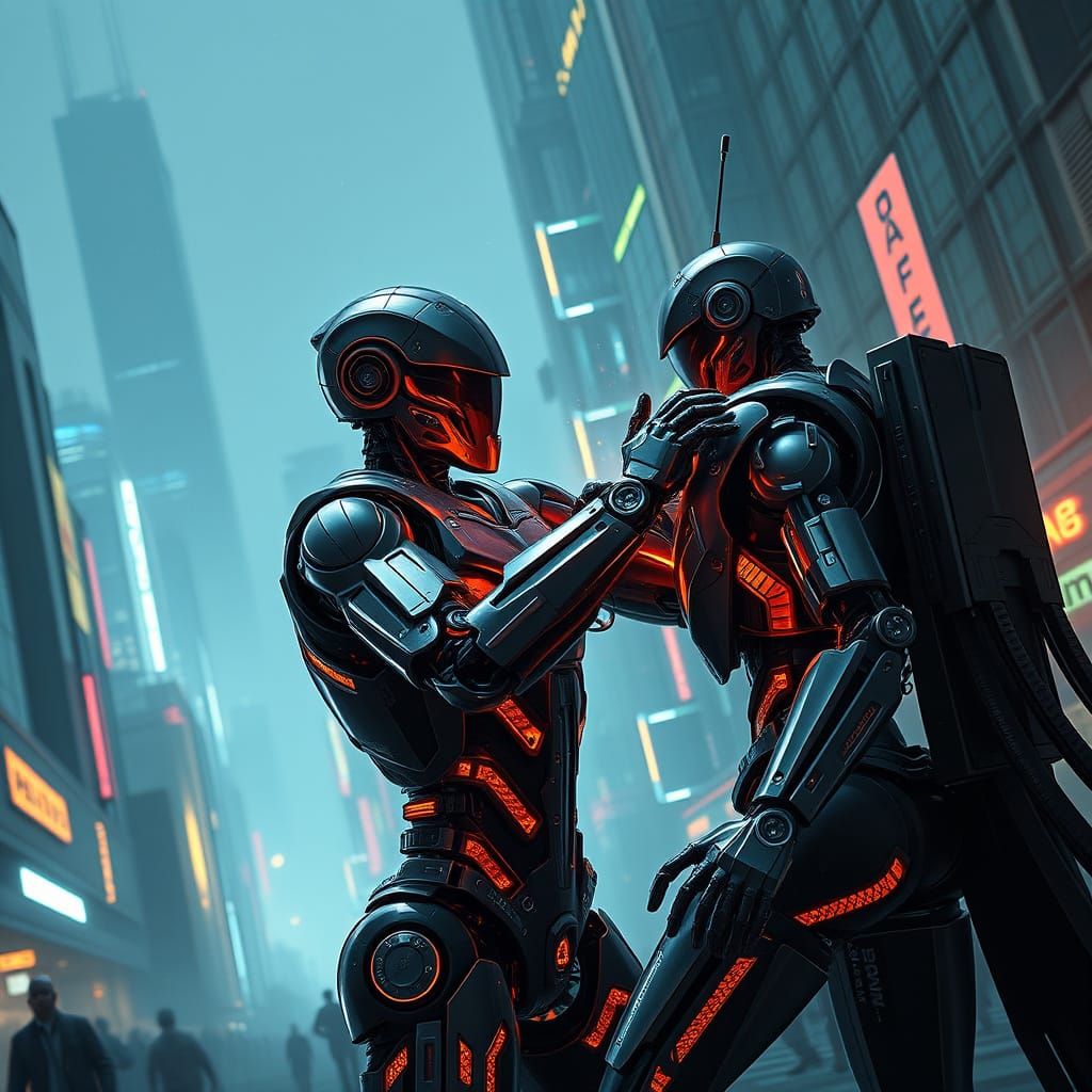Cyberpunk Robot Destroying Android in Dystopian City
