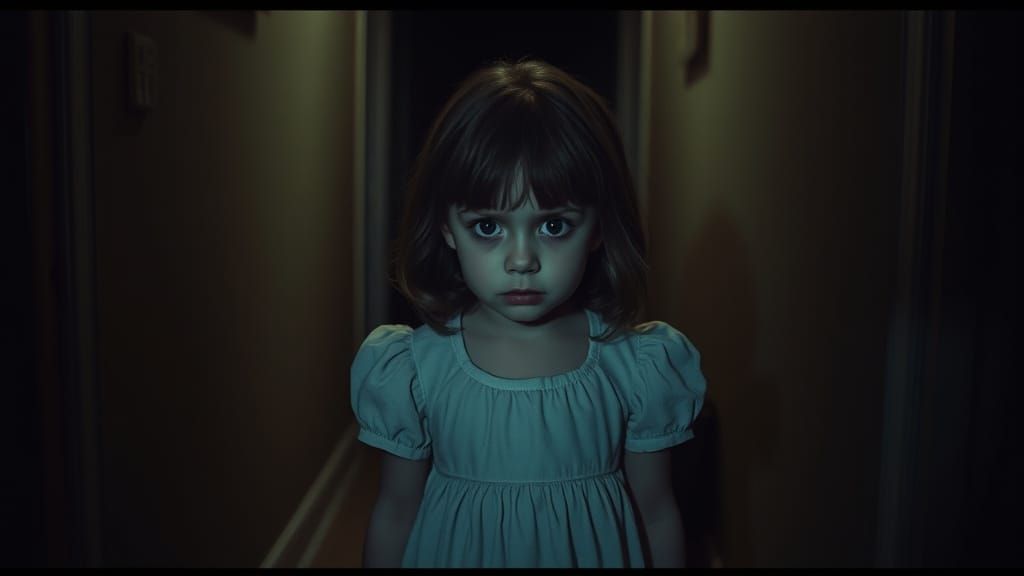 Distraught Girl in Dim Hallway: Cinematic Film Still