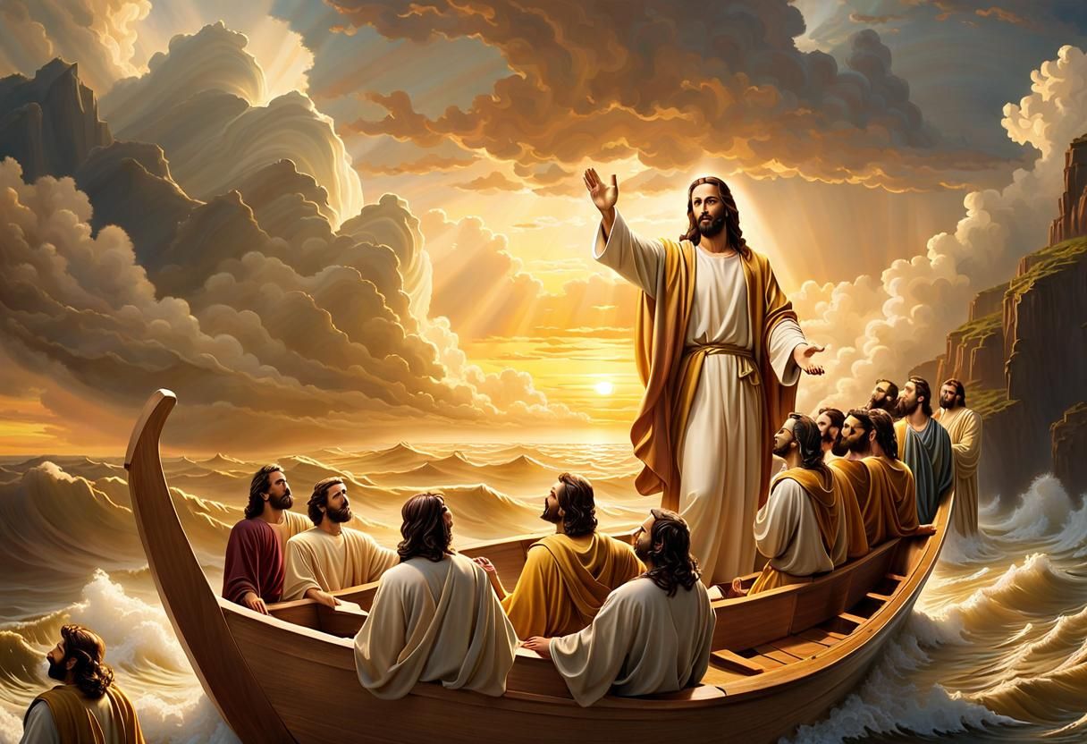 Jesus Calms the Stormy Sea with Apostles