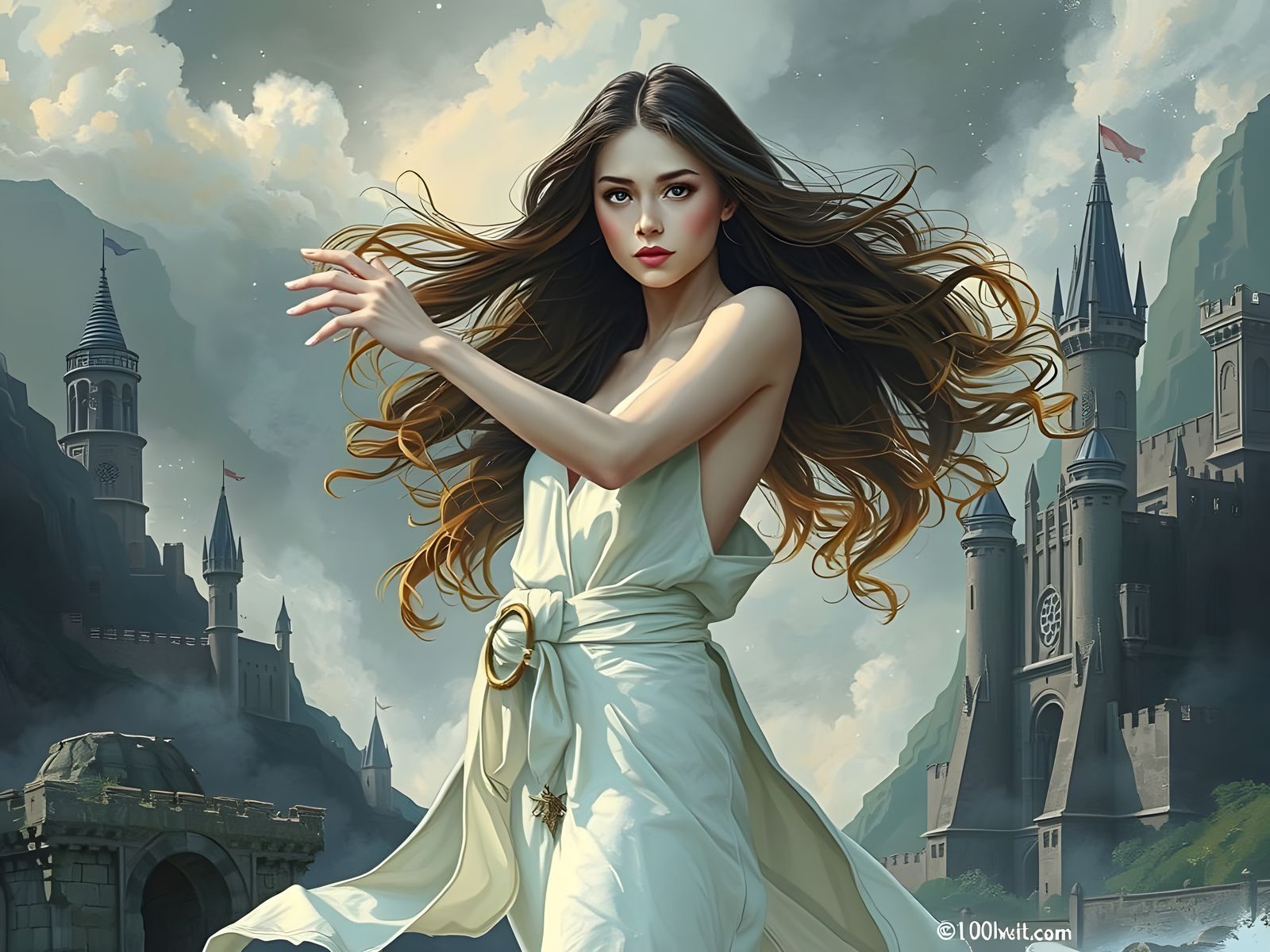 Sorceress in White Linen: Digital Watercolor Art