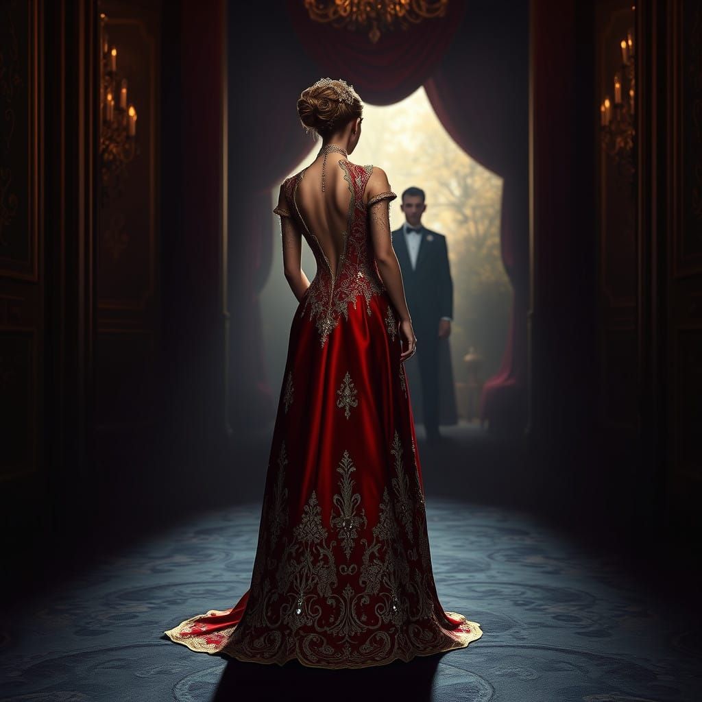 Regal Woman in Crimson Ball Gown Leading Viewers to Mysterio...