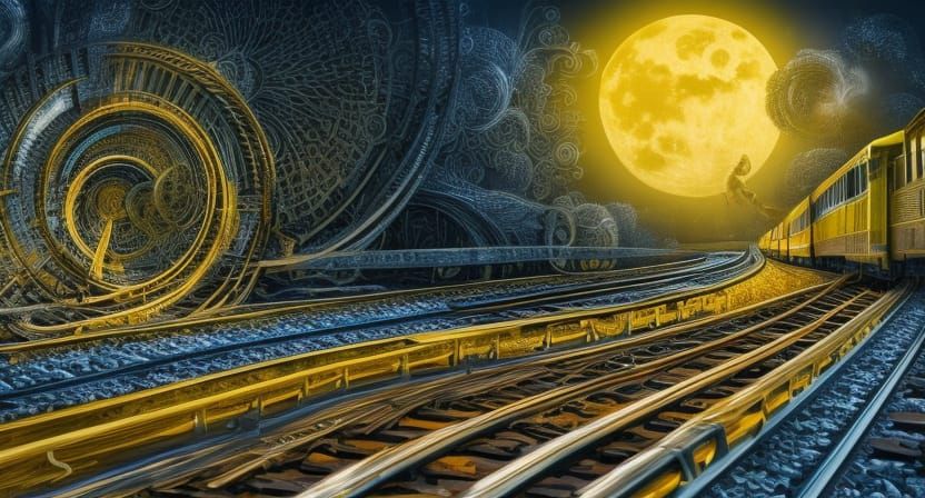 Moonlit Train on Spiral Track: Renaissance Oil Style