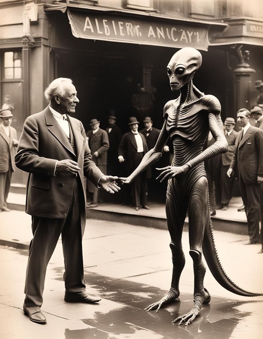 1920s Encounter: Man Greets Alien in Rare Photograph