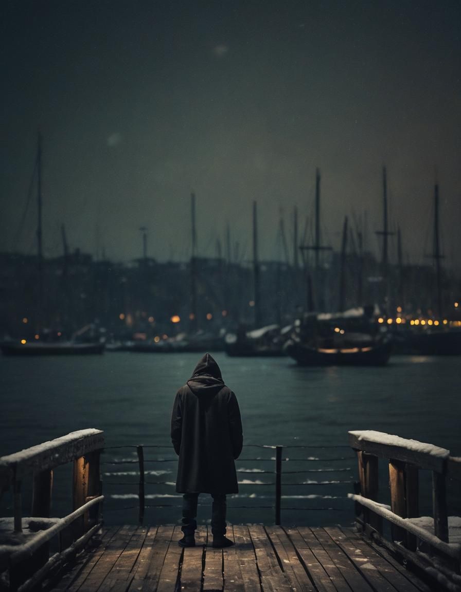 Hooded Figure on Icy Medieval Dock at Night
