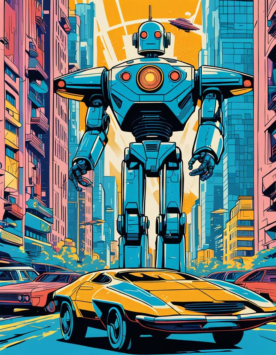 Vintage Robot Races Through Dystopian City in Pop Art
