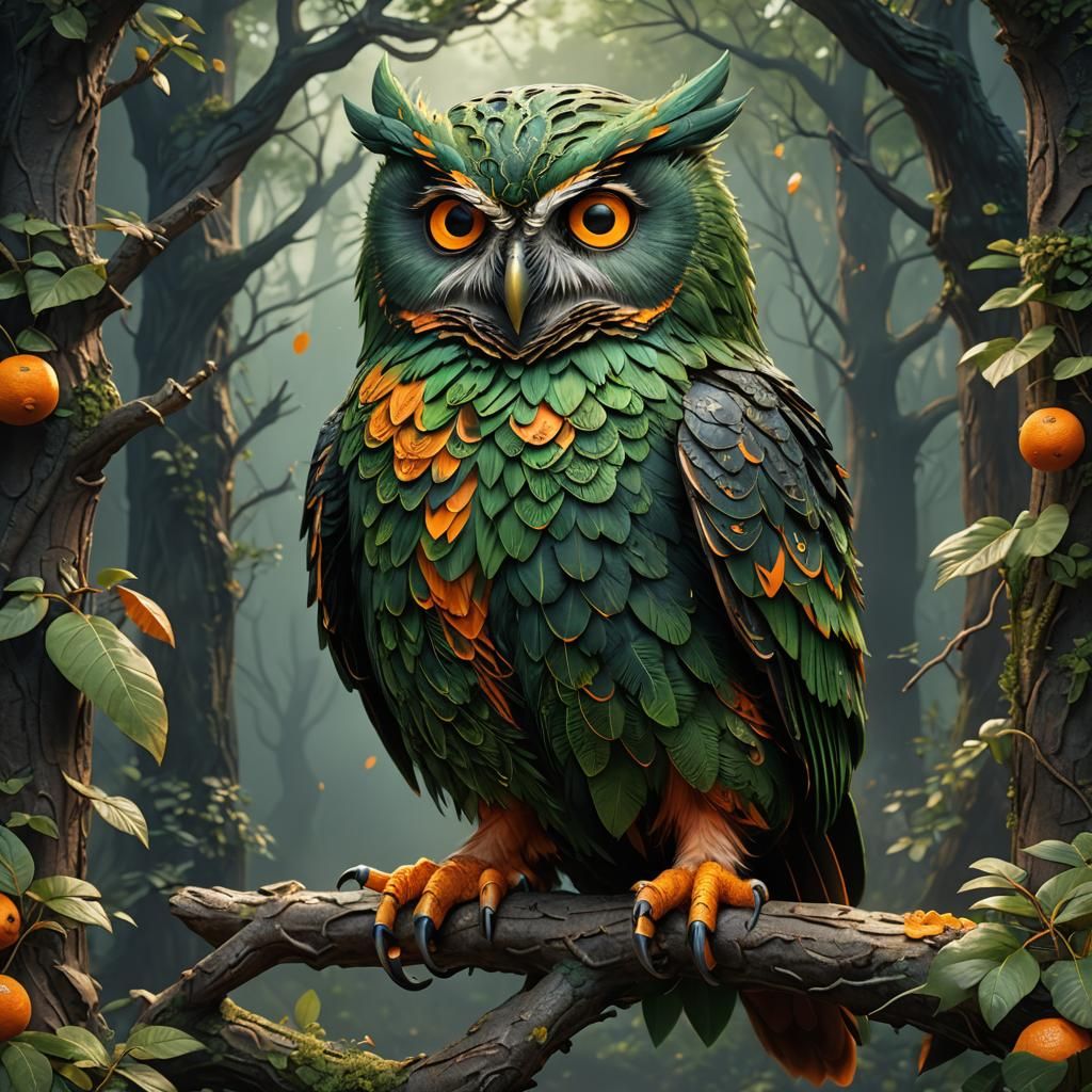 Detailed Green Owl Matte Painting in Fantasy Style