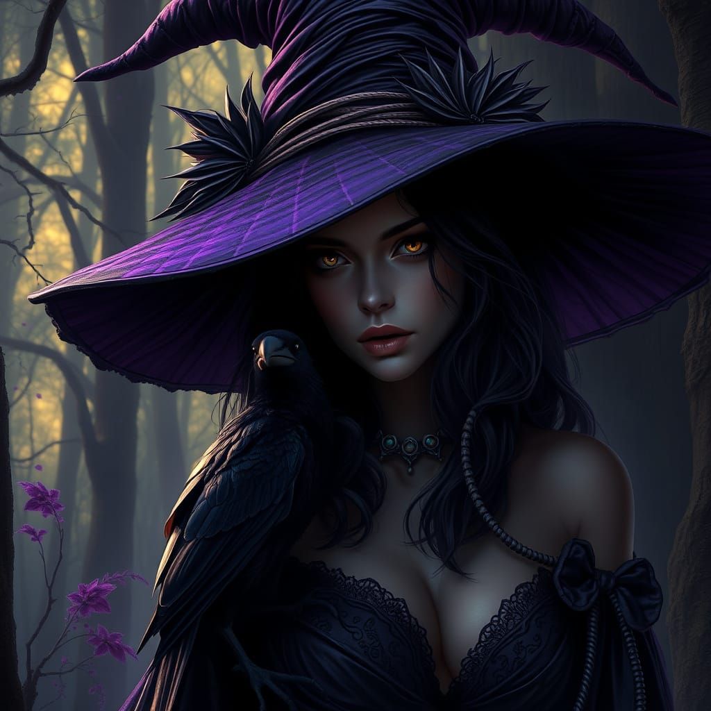 Dark Fantasy Witch in Ancient Forest with Raven