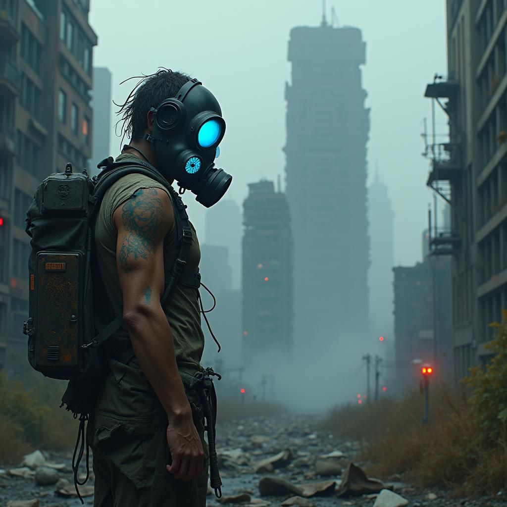 Post-Apocalyptic Survivor in Ruined Cityscape