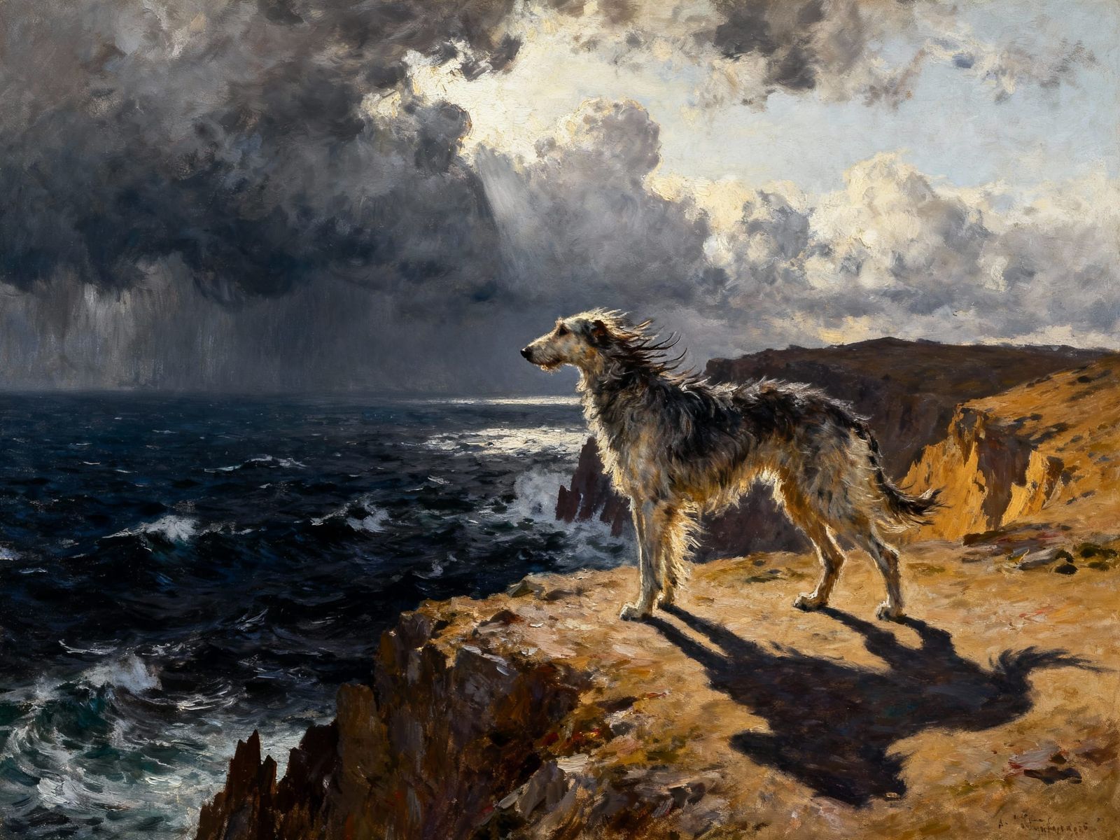 Wolfhound on Stormy Cliff Overlooking Dark Sea