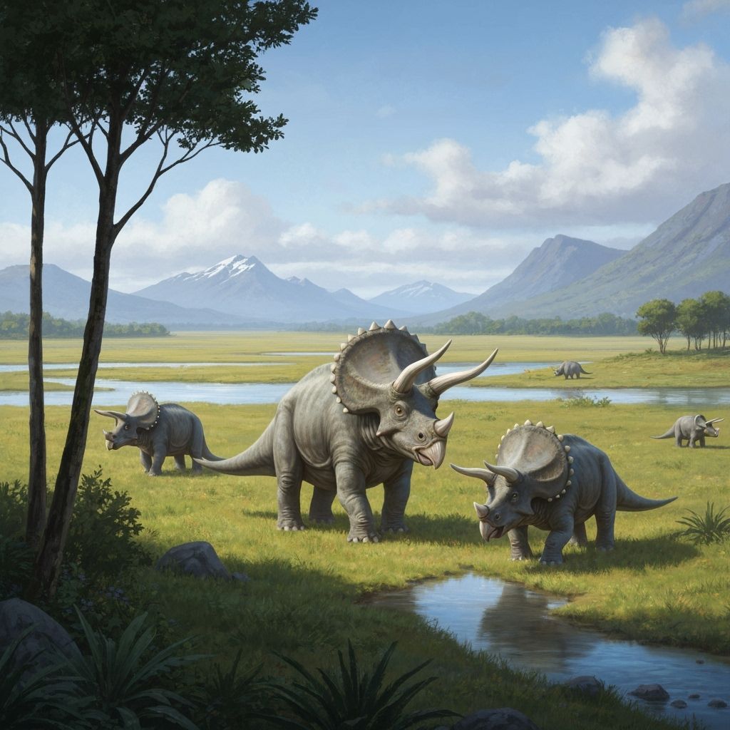Triceratops Family in Prehistoric Floodplain Digital Paintin...