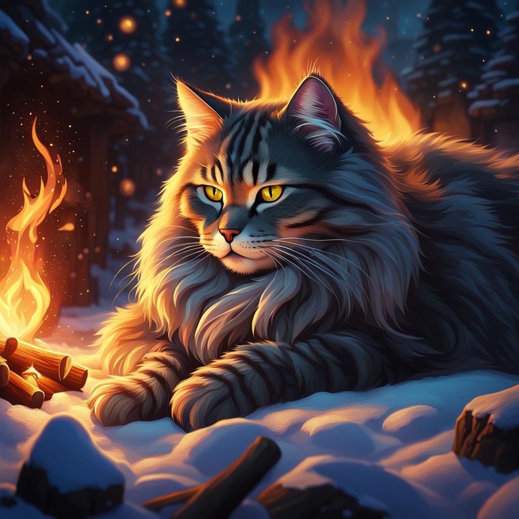 Cat at a campfire in a winter world at night