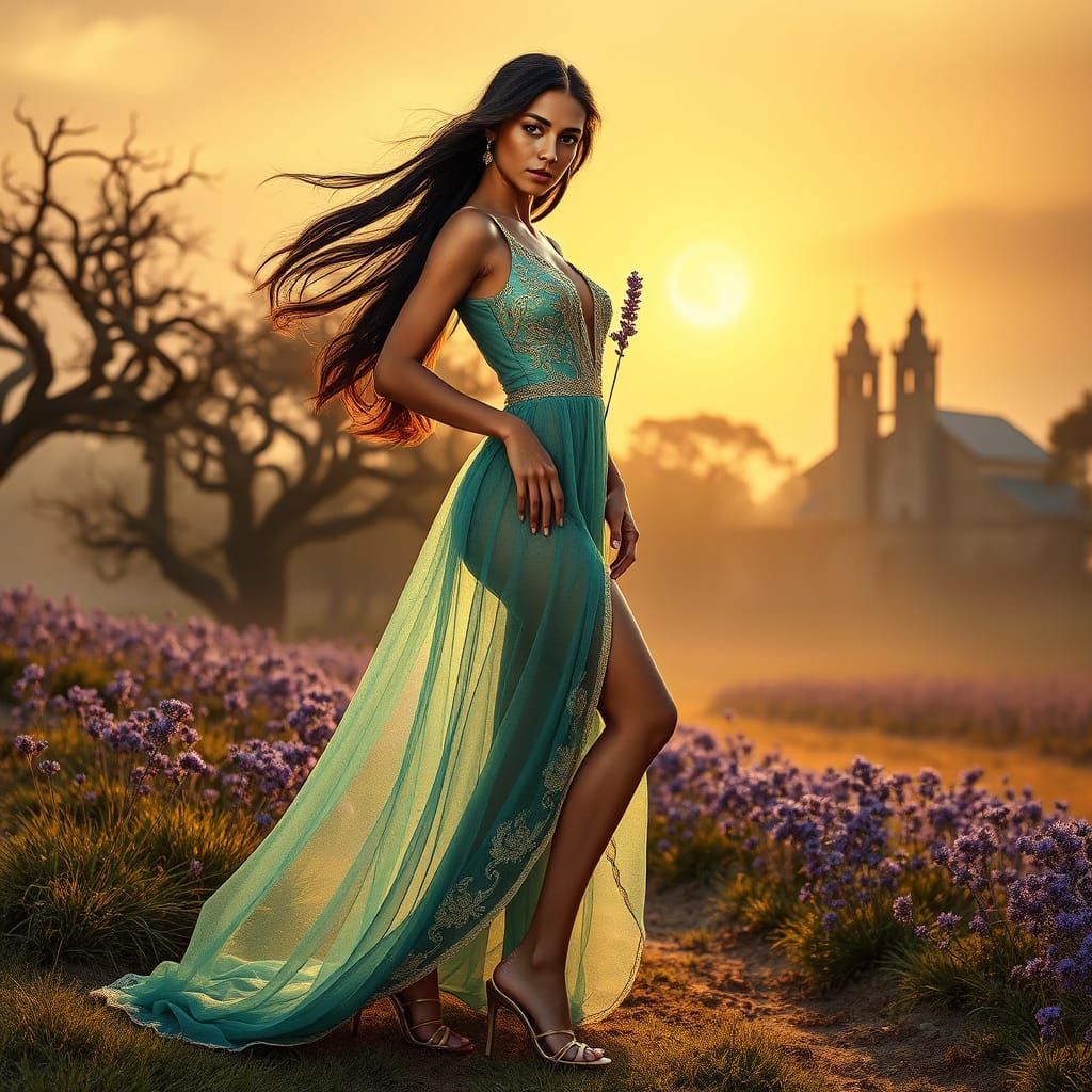 Ethereal Latina Woman in Teal Gown with Lavender