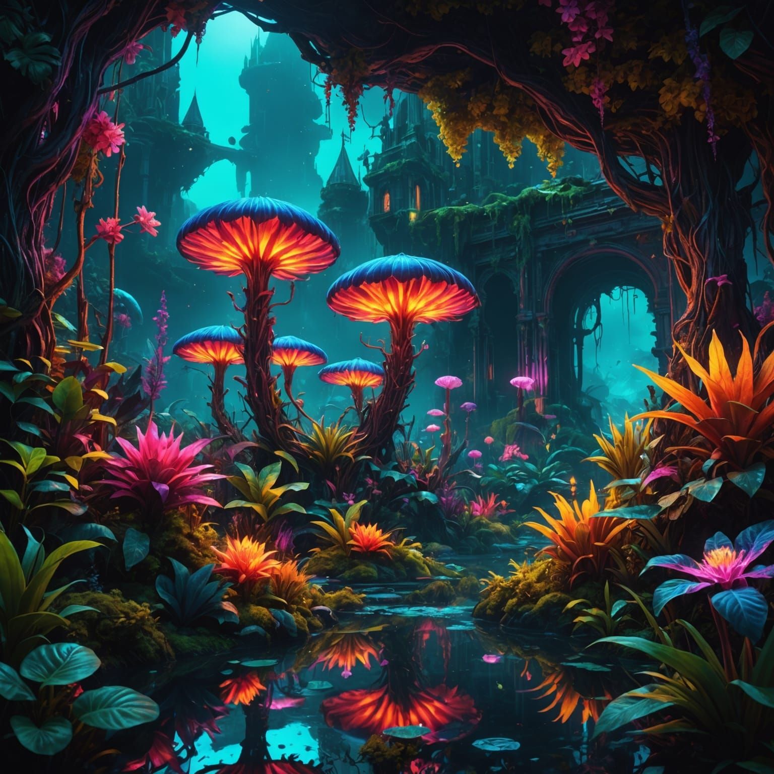 Magical or fantasy landscapes where neon plants, creatures, or elements bring a fantastical glow. intricate details, HDR...