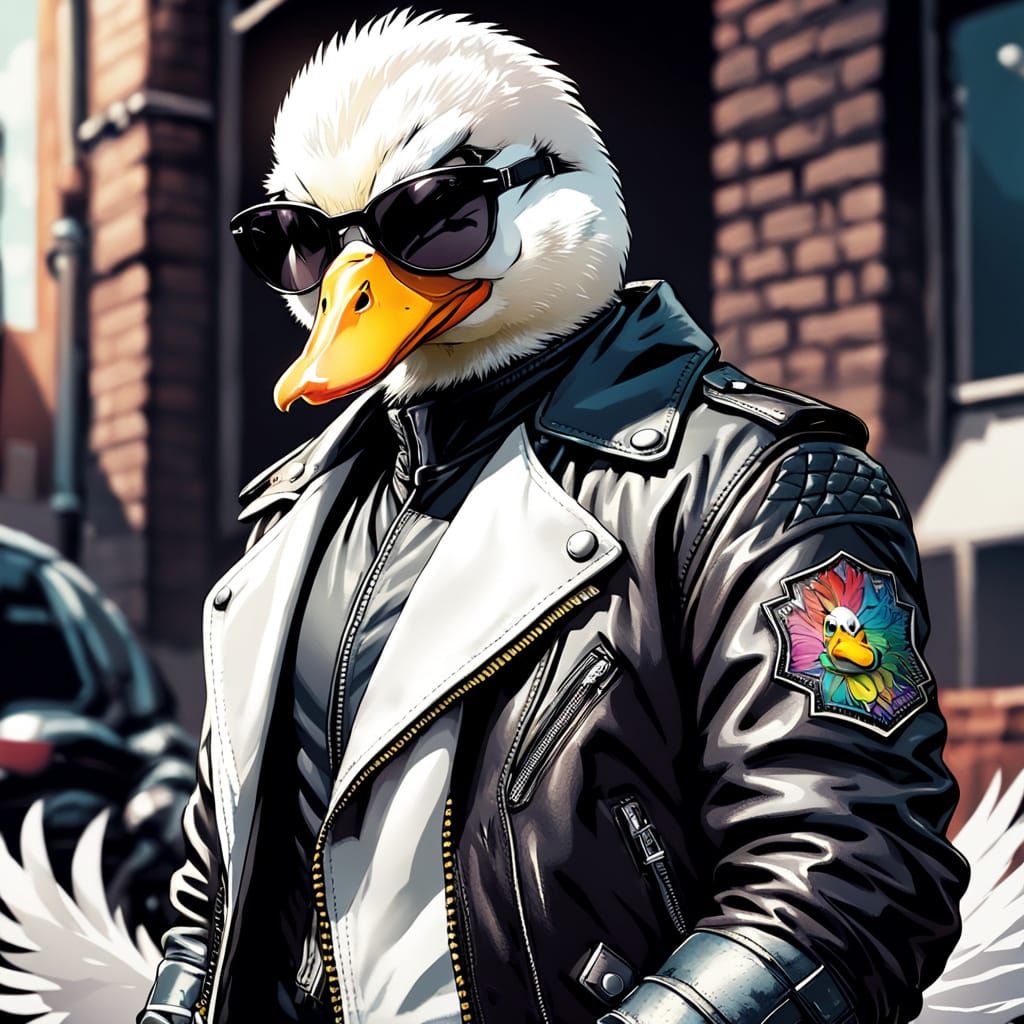 Badass Duck Biker in Comic Book Art Style