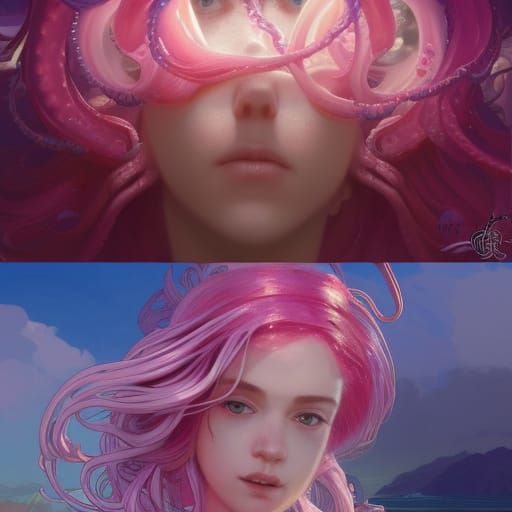 Jellyfish Hair Girl on Boat: Hyperdetailed Concept Art