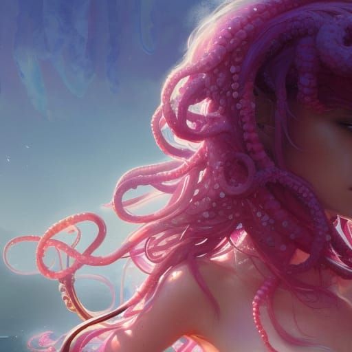 Jellyfish Hair Girl on Boat: Hyperdetailed Concept Art