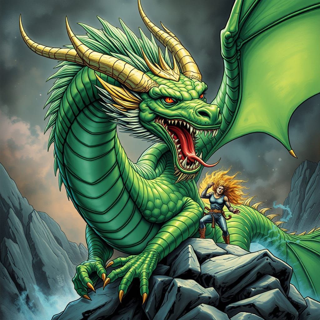 Surreal Green Dragon Unleashes Fury