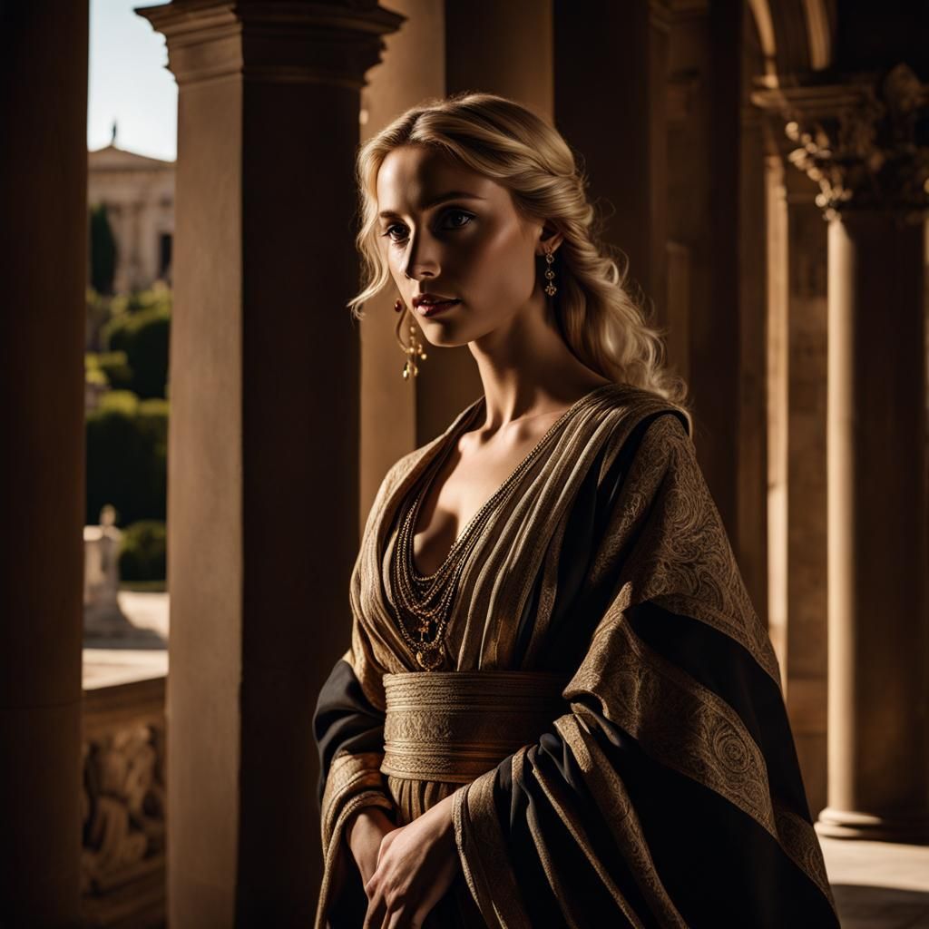 A Caravaggio-esque use of chiaroscuro contrast presenting a blonde female subject in a classic Grerco-Roman setting