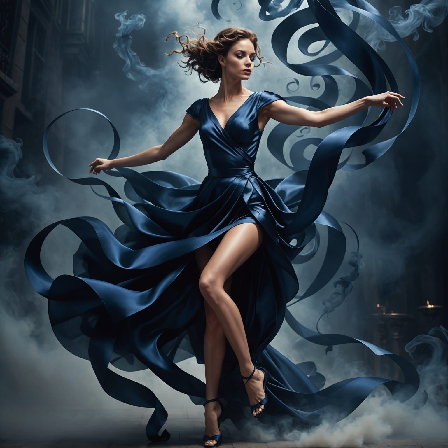Elegant Woman in Midnight Blue Ribbon, Smoke Background
