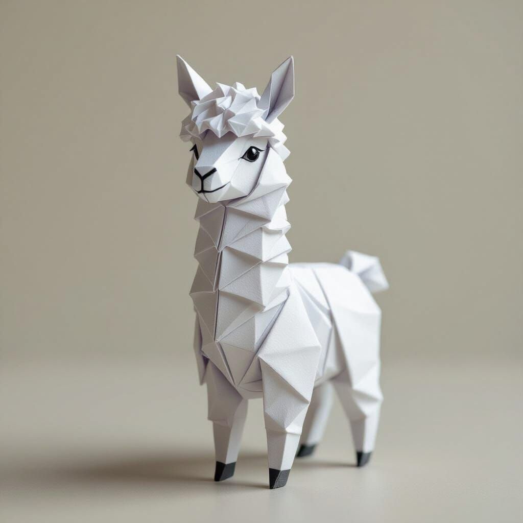 Hyperrealistic Origami Alpaca in Soft Focus