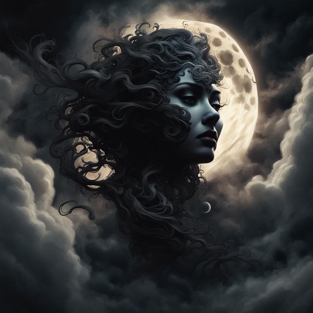 Mystical Face Under Black Moon: Gothic Fantasy Art
