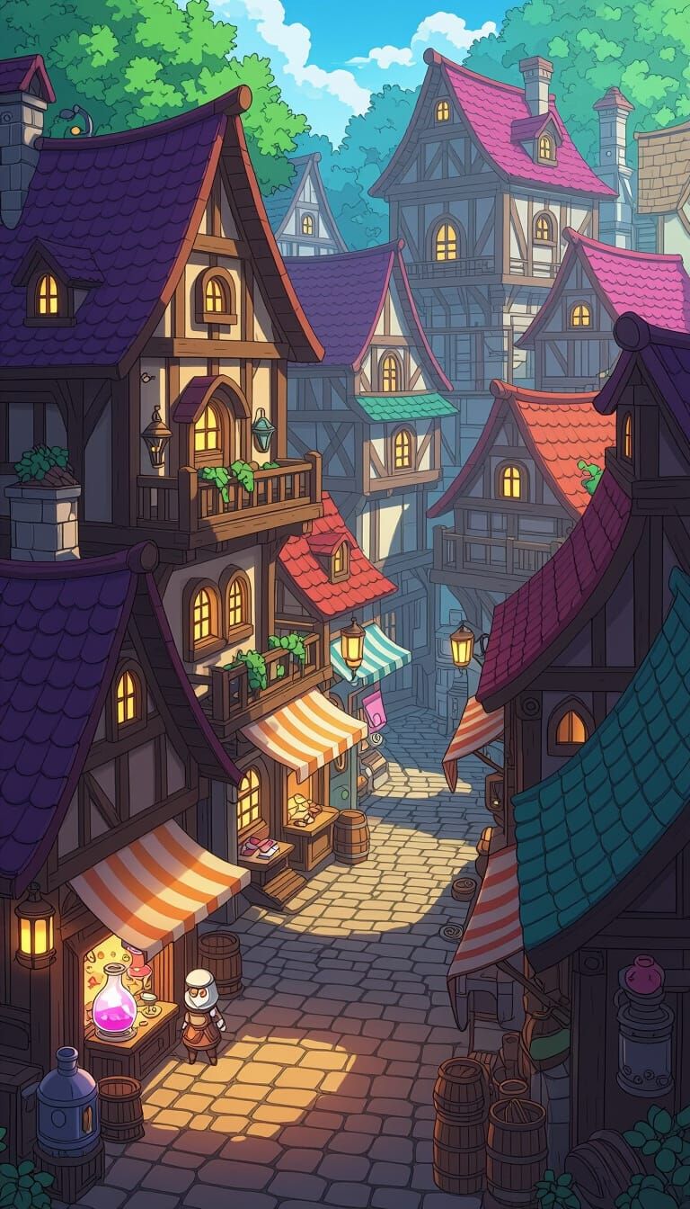 Vibrant Anime RPG Town with Steampunk Accents