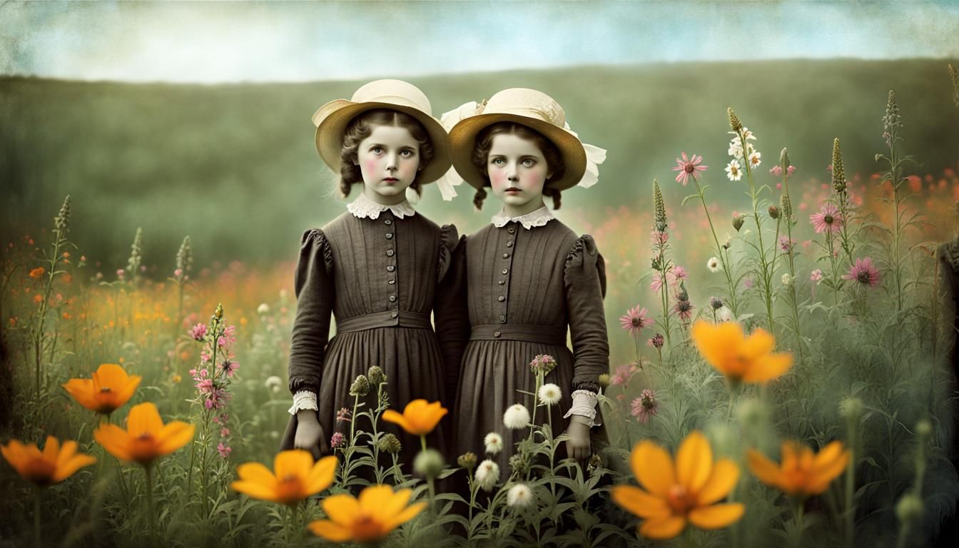 Eerie Adorable Twins in Wildflower Field